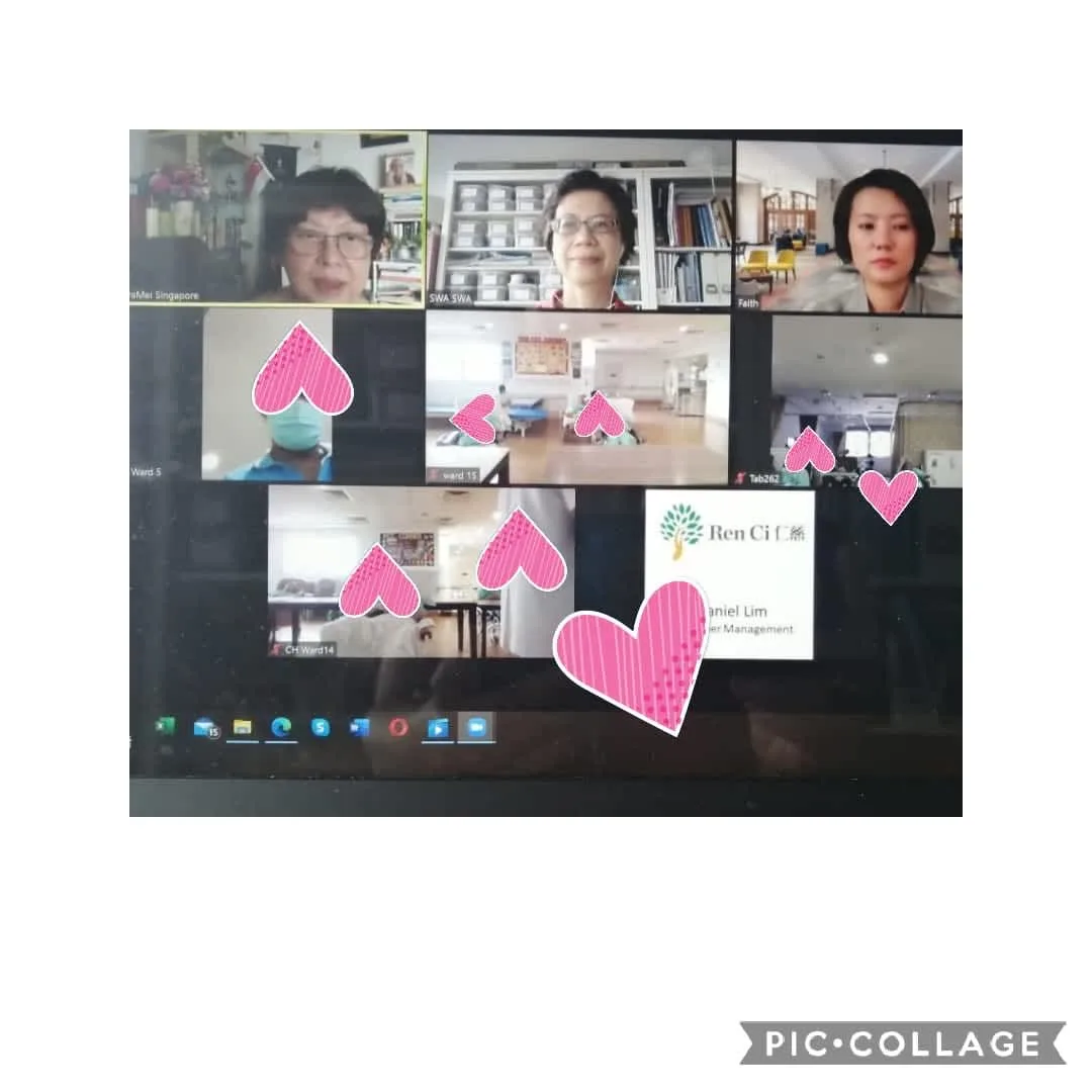 SWA conducting a Laughter Yoga session with Ren Ci Community Hospital residents via Zoom