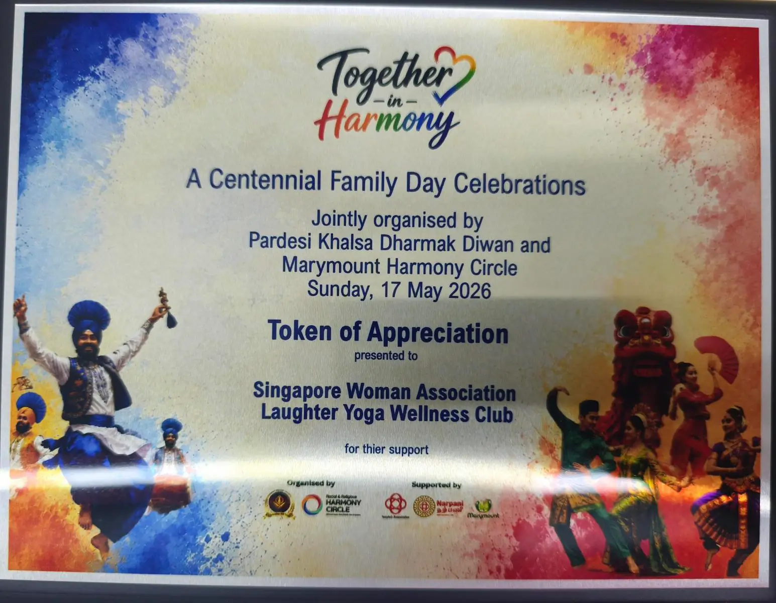 Token of Appreciation presented to SWA Laughter Yoga Wellness Club